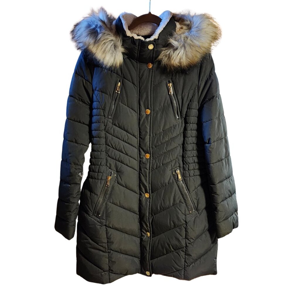 Laundry by Segal Green Quilted Puffer Coat w/ Detachable Faux Fur Hood  Sz L